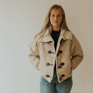 NWT RD Style Stylish Toggle Bomber Jacket with Shearling Collar in Stone